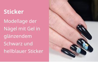Sticker Modellage der Nägel mit Gel in glänzendem Schwarz und hellblauer Sticker