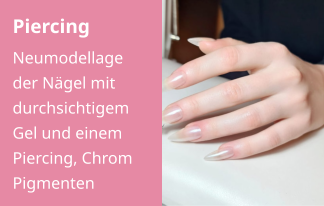 Piercing Neumodellage der Nägel mit durchsichtigem Gel und einem Piercing, Chrom Pigmenten