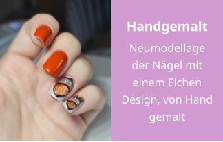 Handgemalt Neumodellage der Nägel mit einem Eichen Design, von Hand gemalt