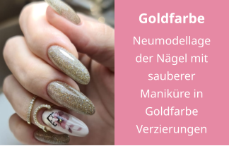 Goldfarbe Neumodellage der Nägel mit sauberer Maniküre in Goldfarbe Verzierungen