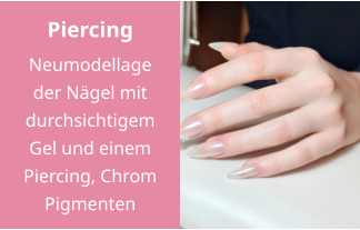 Piercing Neumodellage der Nägel mit durchsichtigem Gel und einem Piercing, Chrom Pigmenten